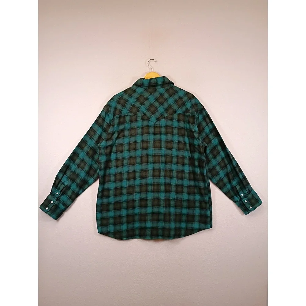 Western Grunge Levis Mens Large Teal Plaid Pearl Snap Flannel Work Shirt L